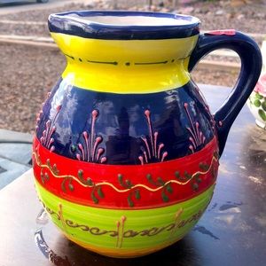 Brightly Decorated Vintage Ceramic Pot Belly Pitcher Vase Hand Made In Spain